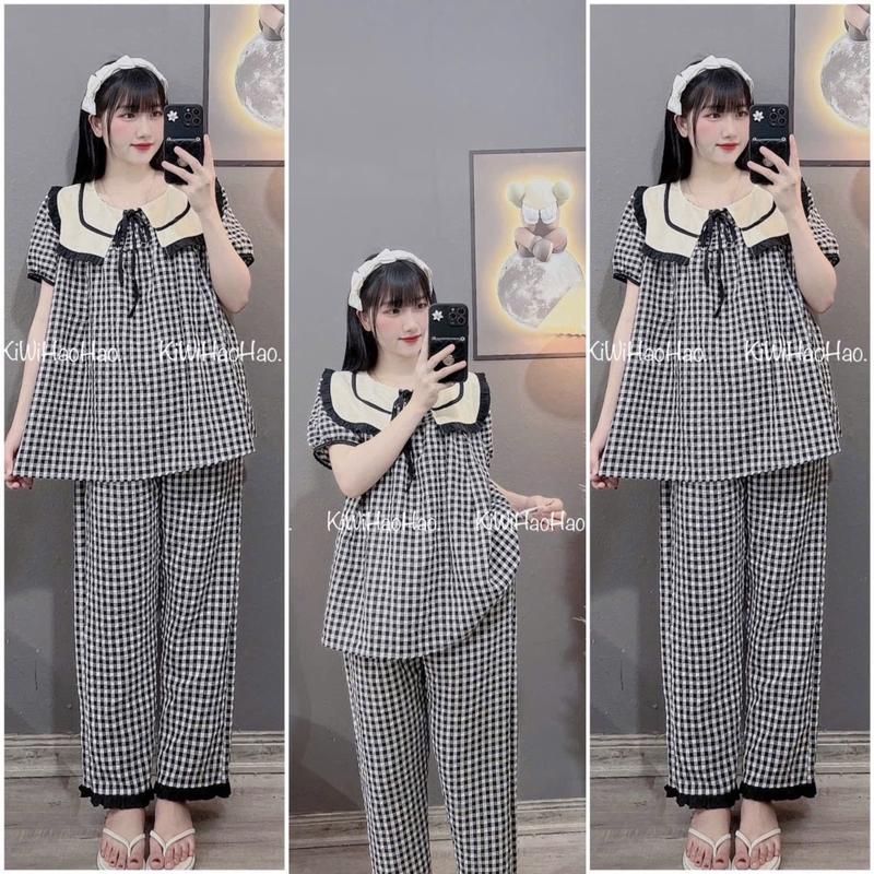 Bộ bầu - bộ sau sinh - BỘ QUẦN DÀI ÁO CỘC ĐŨI THÁI KẺ CỔ LÁ KÈM DÂY BUỘC NƠ, Áo Có Khoá Kéo Hai Bên & Quần Có Chun Chỉnh