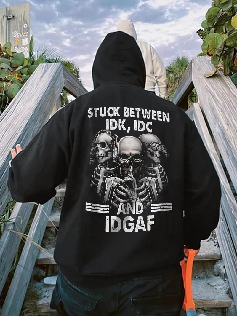 Product Introduction of Men's Skeleton & Letter Print Drop Shoulder Hoodie, Fashion Casual Regular Fit Drawstring Pocket Hooded Sweatshirt for Daily Holiday Outdoor Wear, Men Clothes for Fall & Winter 1