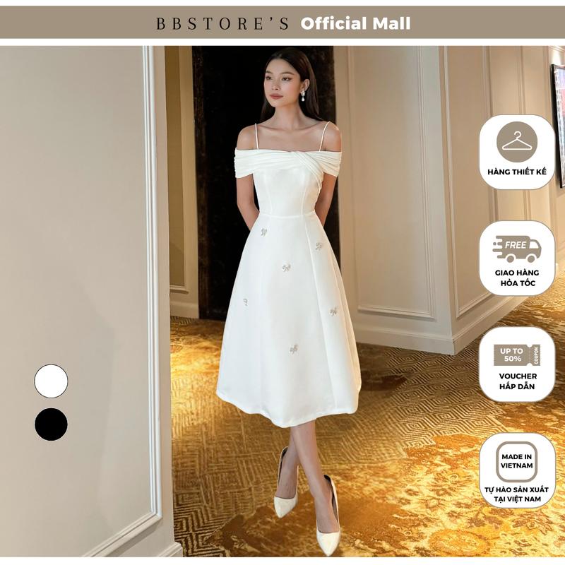 Đầm Xòe Hai Dây Trễ Vai Dự Tiệc Xoắn Ngực Phối Nơ Đá Sang Trọng BBSTORE'S -D3054 Nữ Women Dress