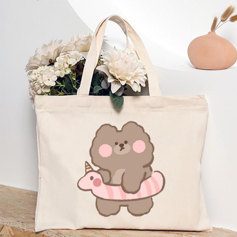 Product Introduction of Cute Cartoon Teddy Bear Printed Canvas Horizontal Handbag Fashionable Versatile One Shoulder Storage Bag 43