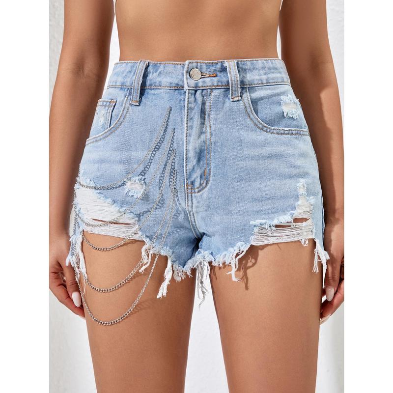 Summer Light Blue High-Quality Denim Shorts for Women Street Chain Three-Quarter Shorts 5
