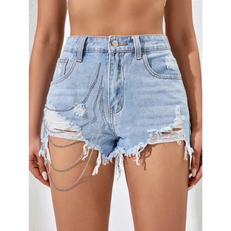 Summer Light Blue High-Quality Denim Shorts for Women Street Chain Three-Quarter Shorts Jean Womenswear 5