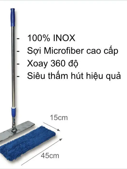 Cây lau nhà công nghiệp san hô 45cm, 60cm 100% INOX có Khoá tăng giảm cao cấp xoay 360 độ sợi Microfiber  - SẢN PHẨM đã bao gồm tấm lau 6