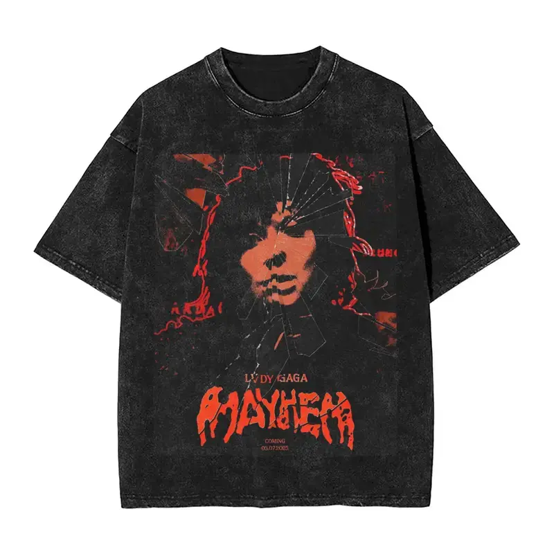 Novelty Lady Gaga T-Shirt for Men Round Neck 100% Cotton Washed T Shirt Mayhem Poster Short Sleeve Tees Printed Clothing