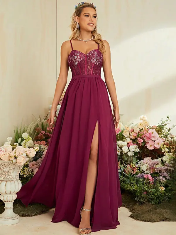 Women's Plain Backless Split Thigh Corset Evening Dress, Elegant Adjustable Strap Zipper Back Maxi Dress for Party & Banquet, Ladies' Clothes for All Seasons 3