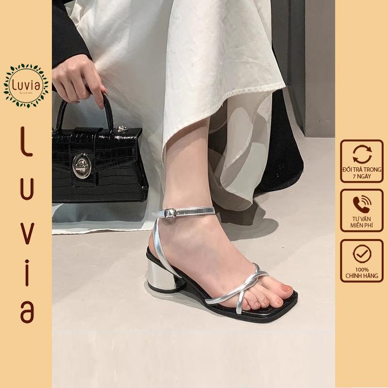Giày cao gót 6 phân dây xoắn phối 2 màu đen bạc Luvia 151CG