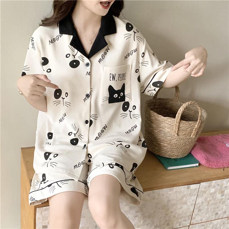 Product Introduction of Bộ Đồ Ngủ Mùa Hè Cho Nữ, Có Đệm Ngực, Áo Cardigan ngắn Tay, Quần Đùi, Bộ Đồ Mặc Ở Nhà Dễ Thương, Hàng Mới Về, Với Thiết Kế Hình Mèo, 2024 12