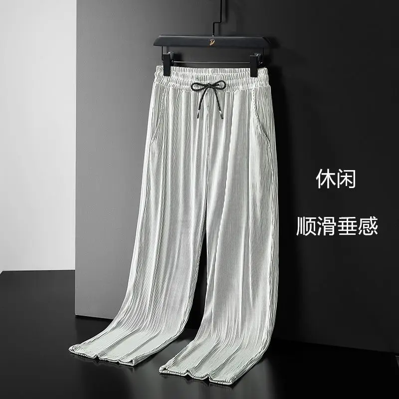 Quần Dài Ống Đứng Cho Nam, Chất Liệu Lụa Lạnh Quần Thường Ngày Mỏng Và Rộng Mùa Hè, Quần Thể Thao, Thiết Kế Xếp Ly Co Giãn, Kiểu Dáng Nam