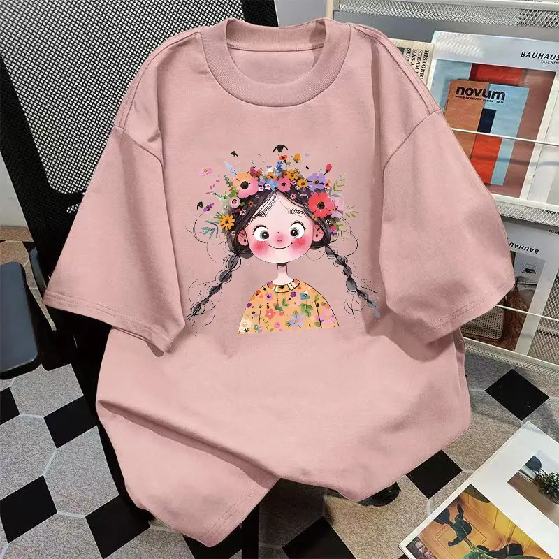 Áo Thun Cotton ngắn Tay In Hình Thời Trang, Họa Tiết Cô Gái Nhỏ Dễ Thương, Thiết Kế Vui Nhộn Dáng Rộng Vừa Vặn, Dành Cho Nữ