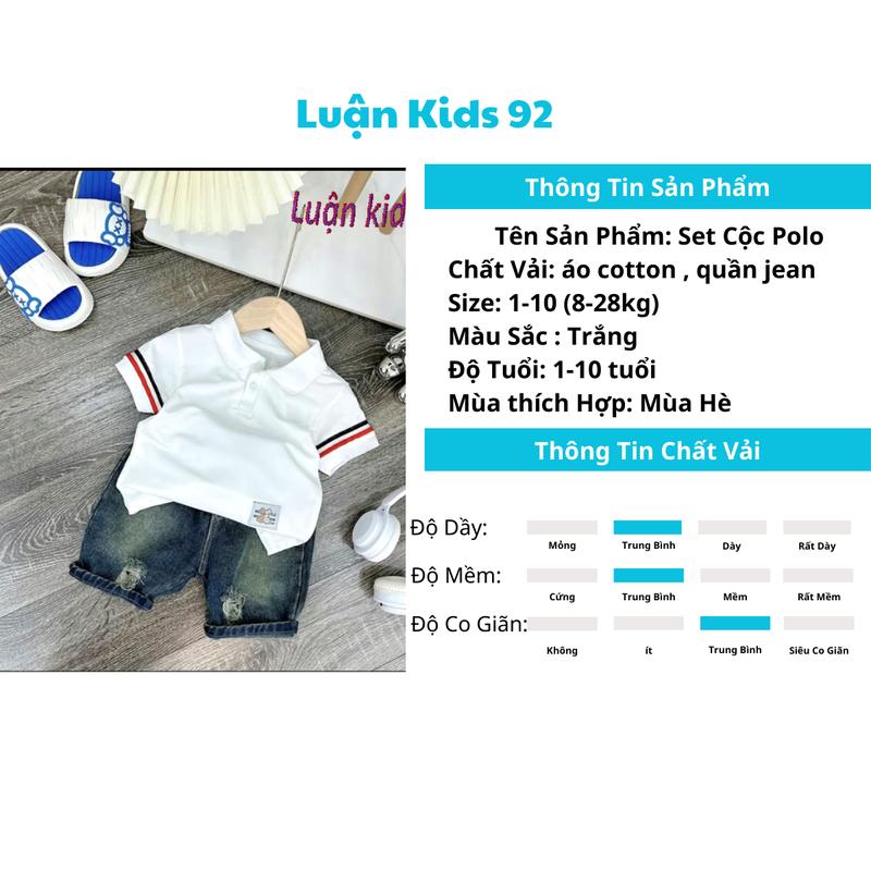 Bộ áo + quần bolo trắng kẻ quần jean đùi không co giãn cho bé từ 8-28kg Tay ngắn Polo Cotton ( Mua 3 bộ kèm 1 kính  - Mua 5 bộ kèm 1 đồng hồ )[ShopLuankids92]