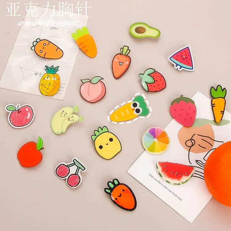 Kawaii Carrot & Strawberry Brooch Set - Cute Acrylic Fruit Pin Badges for Bags & Clothes, Soft Cartoon Pendant Accessories for Southeast Asia Cross-border E-commerce