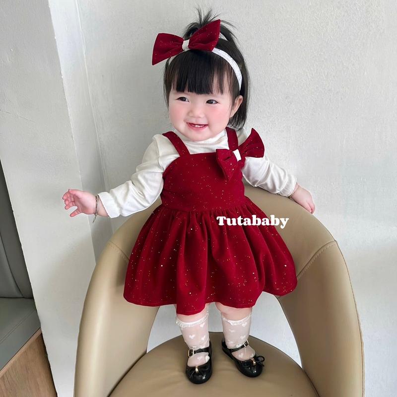 Bodysuit Cho Bé Set 3 Chi Tiết Body Chất Nhung Đỏ Lấp Lánh Dáng Váy Phối Áo Tay Dài Tăm Lạnh  Và Mũ Nồi, Body Cho Bé 3-11kg