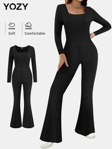 YOZY Women's Solid Color Square Neck Flare Leg Ribbed Jumpsuit, Casual Long Sleeve Bell Bottom Jumpsuit for Spring & Fall, Women's Clothes for Daily Wear