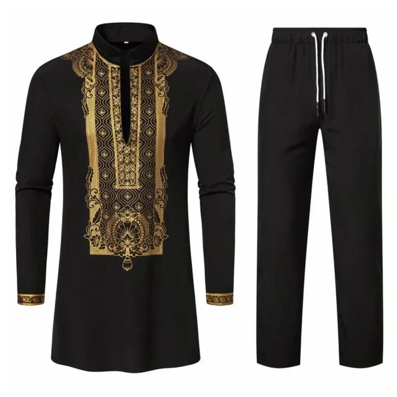 Product Introduction of New Personality Men's Long Sleeve Shirt Sets Leisure Dinner Print Design Medium Long Clothes for Men 5