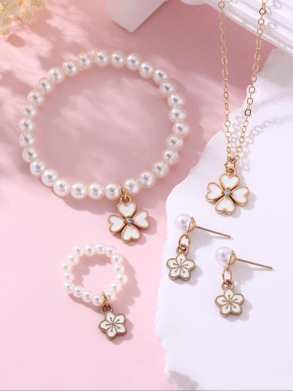 Cute Four-leaf Clover Design Faux Pearl Decorated Jewelry Set, Fashion Necklace Earrings Ring Bracelet for Girls, Trendy All-match & Exquisite Jewelry for Birthday Gift 6