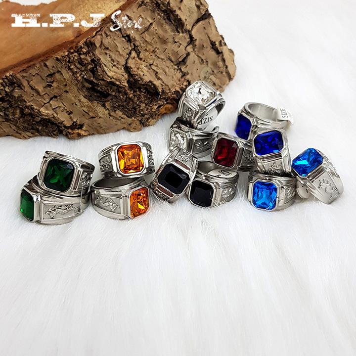 Nhẫn nam thép titan không gỉ mặt đá đỏ, đen, trắng, cam, xanh dương xậm đủ size.