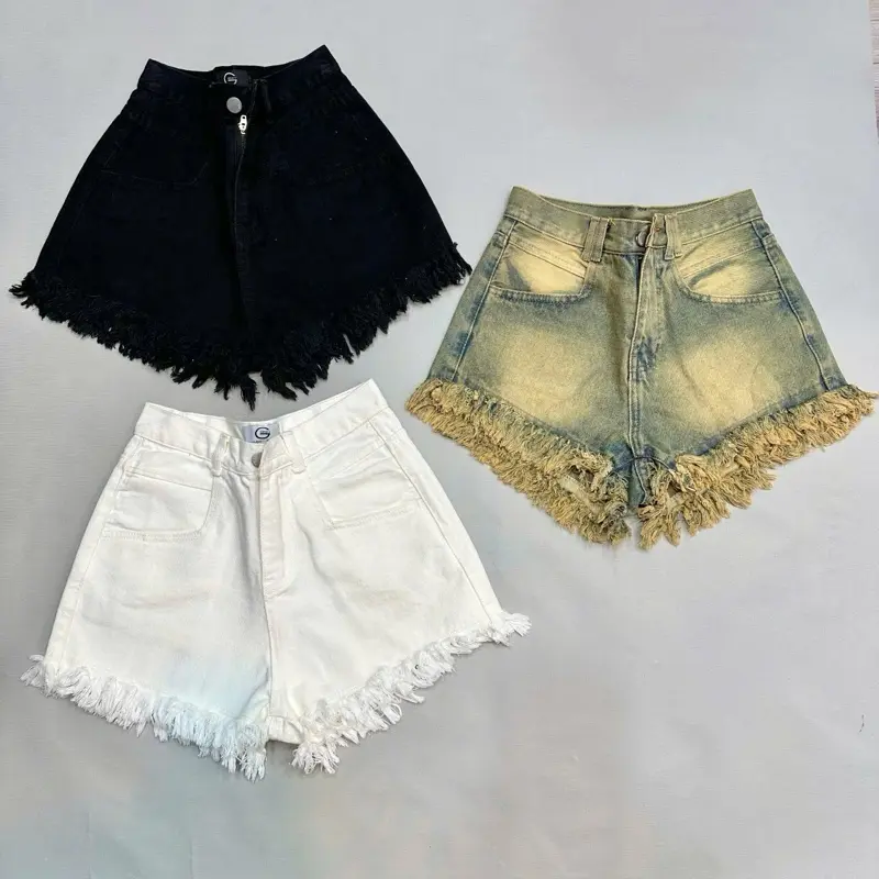 Nguyênrubyshop4 -  Quần sọt jean cotton Trơn tua lai 3 màu lưng cao thời trang Women