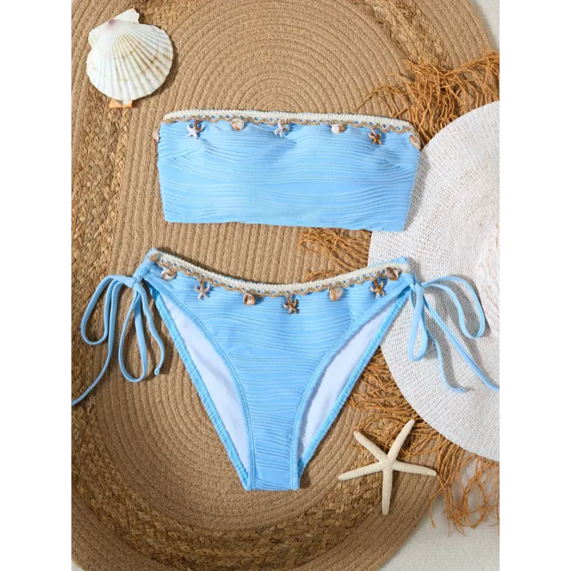 Women's fashionable sea wave fabric starfish shell accessories sexy bikini two-piece swimsuit 2