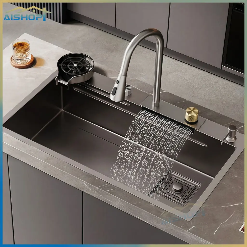 [SG Seller]304 Stainless Steel Waterfall Nano Kitchen Sink  Single Basin Bowl Tank Pullout Faucet Tap(3 Colors Optional)