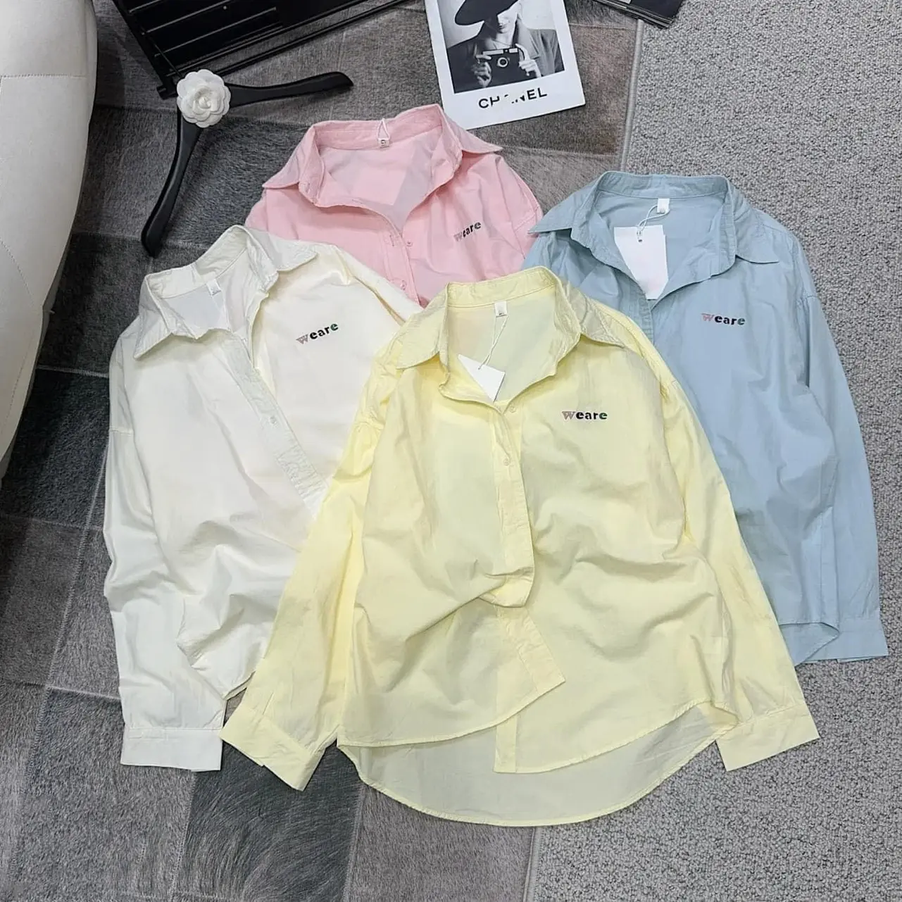 (Tặng áo ống) áo sơ mi tay dài thân thêu V.GU , chất liệu cotton mỏng xin