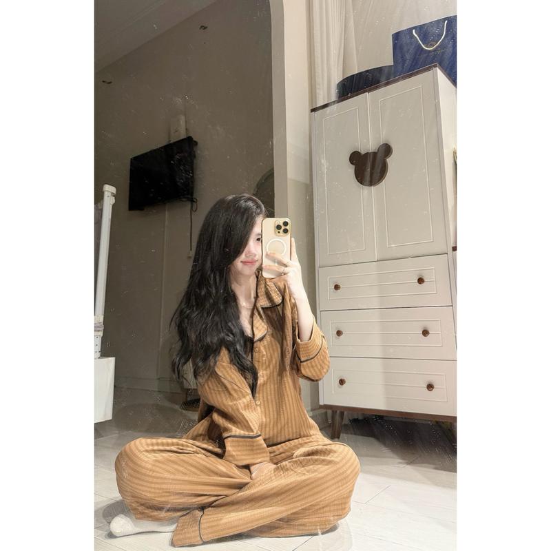 Bộ đồ ngủ pijama dài tay thu đông kẻ sọc màu vintage BYCHUN 1