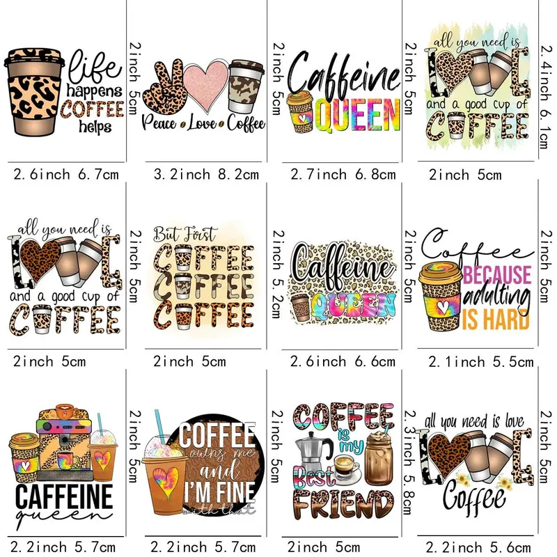 Coffee Letter Pattern Coffee Cup Sticker, 12pcs/set UV DTF Self-adhesive Bottle Wrap, Decorative Sticker for Coffee Cup, Glass Jar, Cup, DIY Decorative Sticker 1