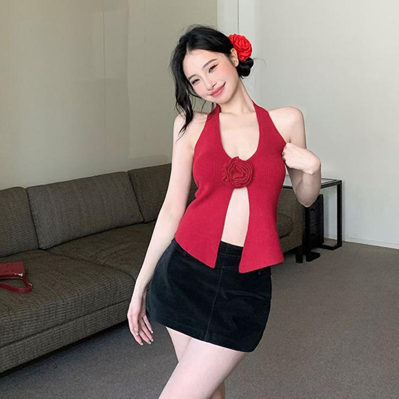 Atasan Suspender Mawar 3D Gaya Gadis Seksi Rompi Leher Gantung Rajutan Belahan Tidak Beraturan