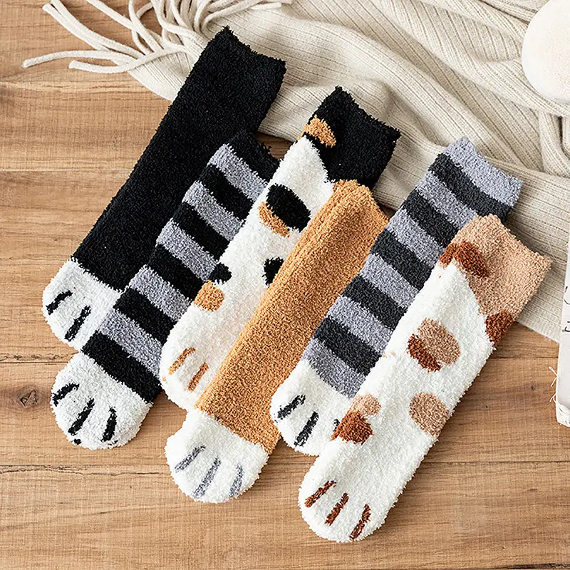 Winter New Striped Cartoon Cat Claws Warm Thickened Sleeping Socks For Women