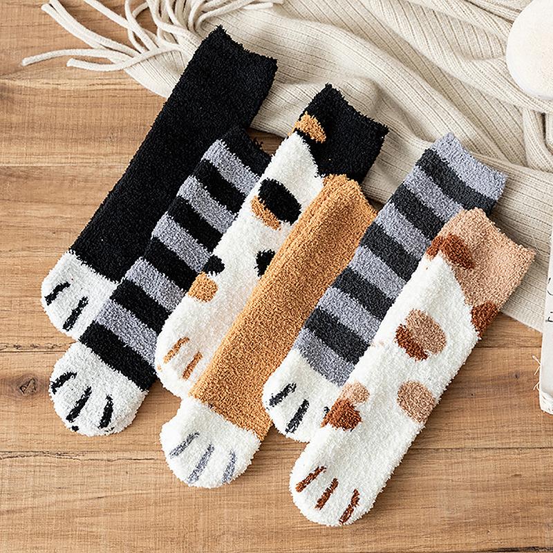 Product Introduction of Winter New Striped Cartoon Cat Claws Warm Thickened Sleeping Socks For Women 13