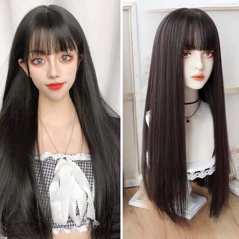 Tóc Cả đầu thẳng dài Tóc giả Phụ nữ 7007 chất liệu tóc tơ mềm mượt kèm lưới