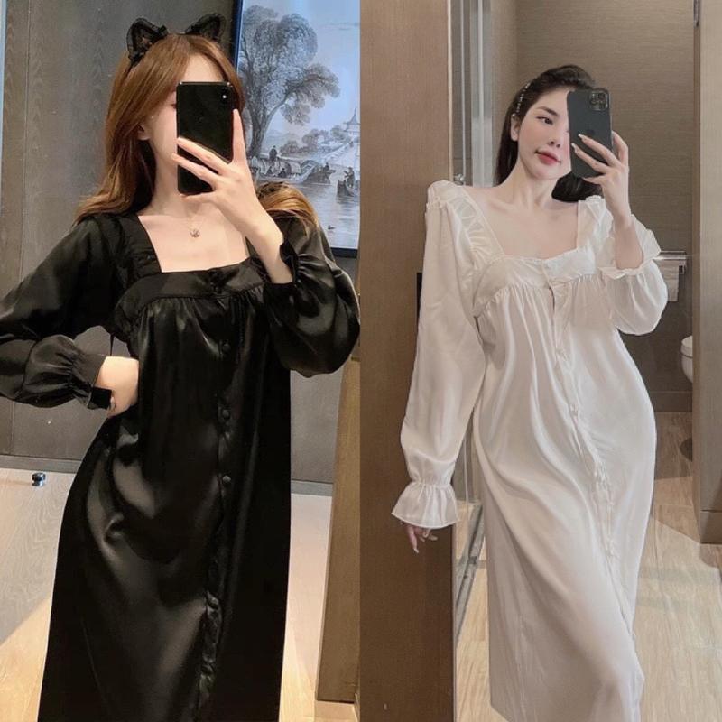 Đầm Ngủ Sexy lụa latin tiểu thư baby doll cổ U, nút bộc xịn xò- Chất liệu latin mềm mịn Nữ Váy Ngủ Dress Xanh Rêu Dâu