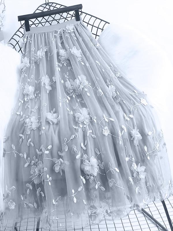 Women's Flower Appliques High Waist Tulle Skirt, Elegant A-Line Midi Skirt For Party Holiday Vacation, Ladies All Seasons Clothes, Womenswear 1
