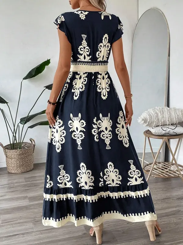 Women's All Over Print Ruffle Hem A Line Dress, Boho Fashion V Neck Cap Sleeve Long Dress for Beach Holiday Vacation, Summer Dress, Ladies Dress for Summer, Bohemian Womenswear, Vneck 6