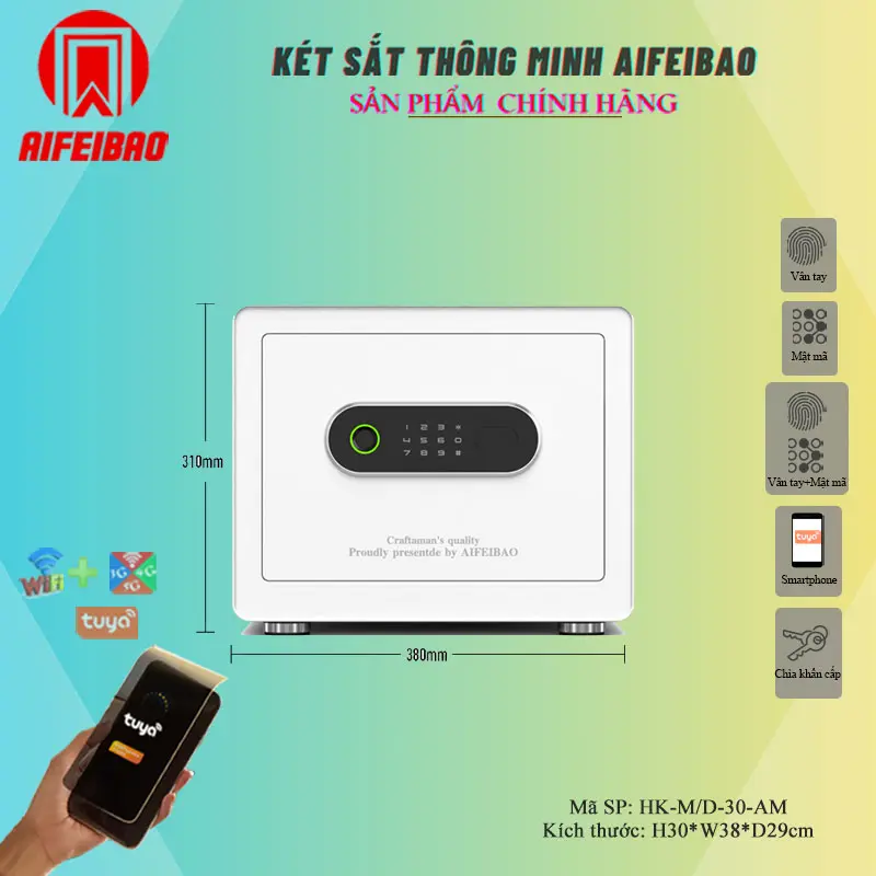 Két sắt thông minh Aifeibao HK-M/D-30-AM màu Trắng kem | mini nhỏ gọn | dành cho cửa hàng | Két để trong tủ | Két gia đình quản lý từ xa bằng điện thoại