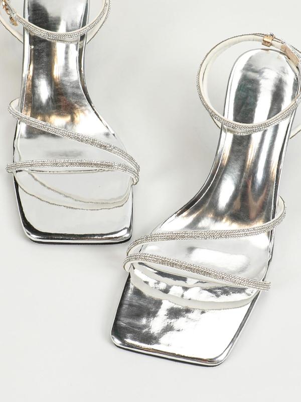 Women's Fashionable Rhinestone Decorated Slingback Mid Heel Sandals, Elegant Square Toe Ankle Buckle Sandals for Party, Daily Clothing Decor for Women & Girls 5