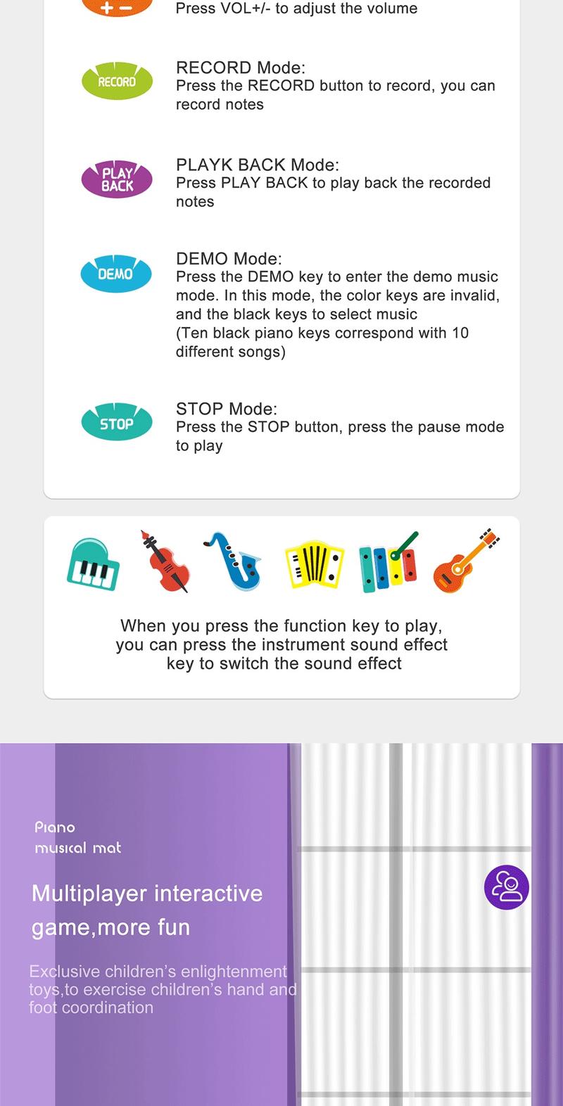 Product Introduction of Kids Musical Mat Piano Keyboard & Jazz Drum 2-in-1 Musical Toys for Toddlers Touch Play Floor Music Playmat Education Learning Toys Gifts 21