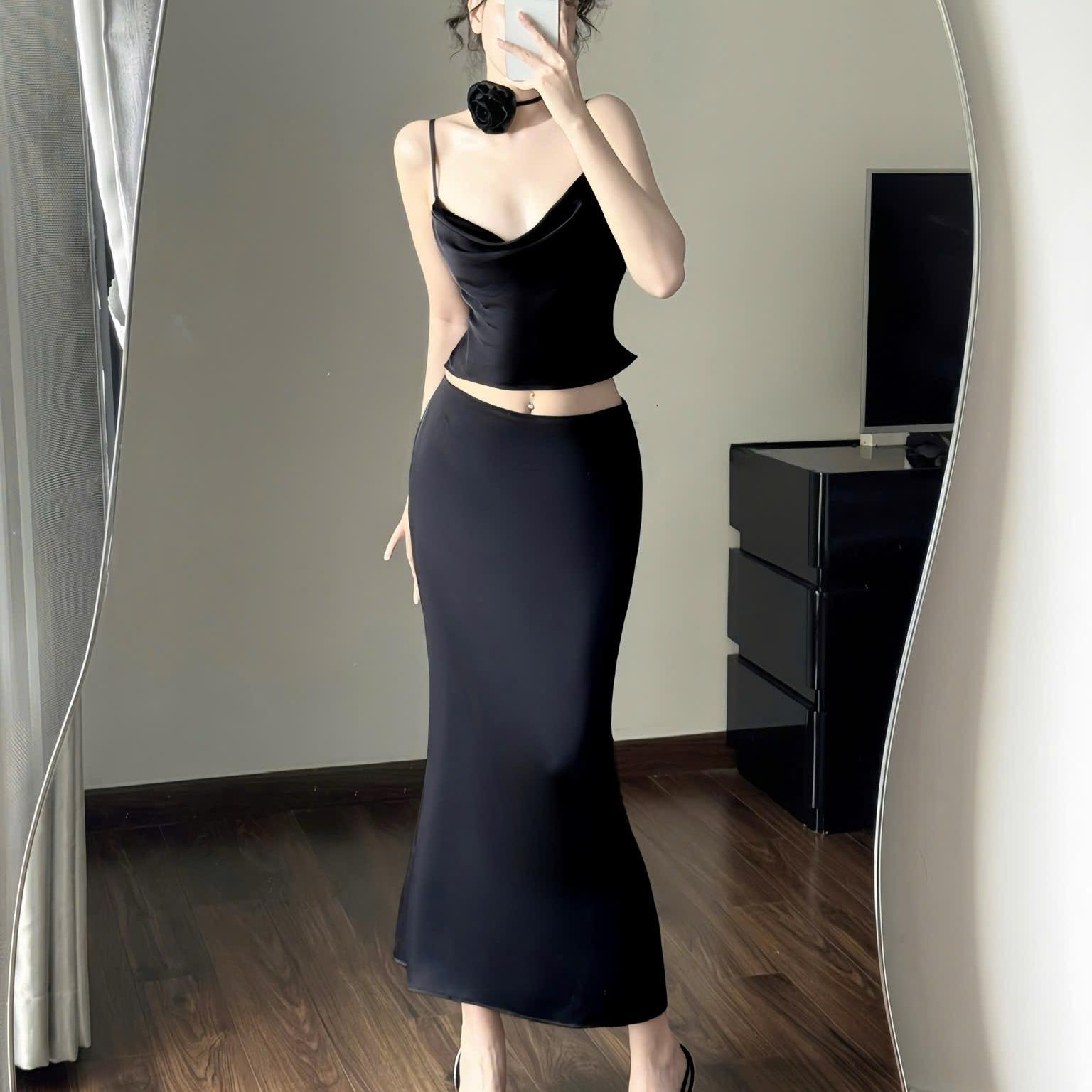 [MAISEY 2366] SET ÁO LỤA 2 DÂY CỔ ĐỔ PHỐI CHÂN VÁY CẠP TRỄ (TẶNG CHOKER HOA)