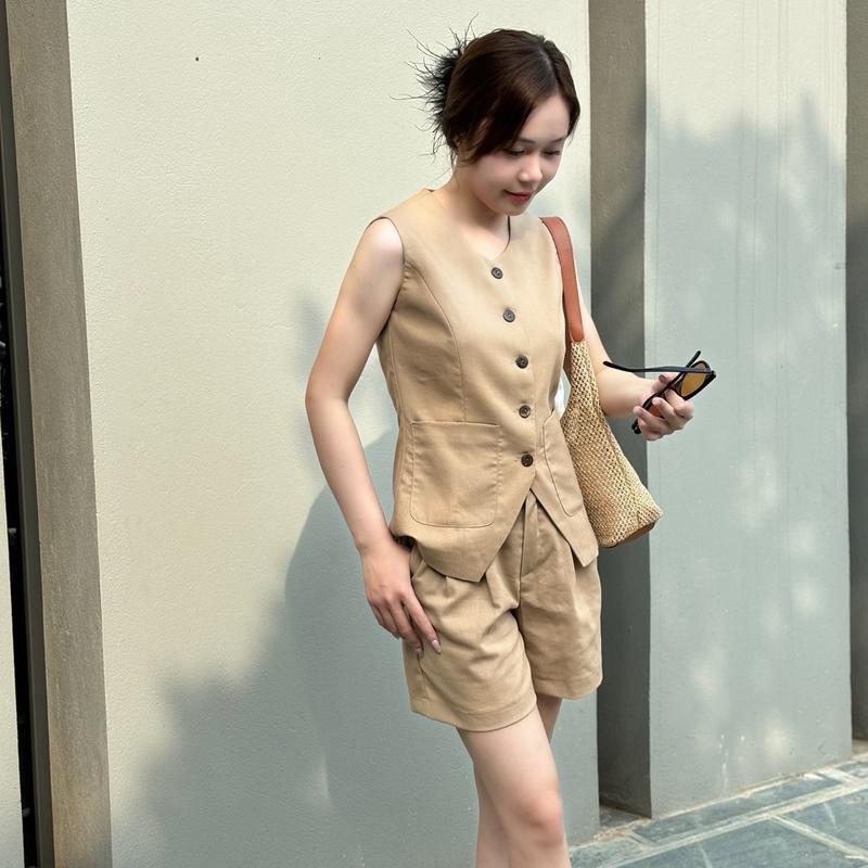 AGL01- Set Áo Gile quần Short 2 lớp nữ Junevn vải Linen mềm mát thiết kế túi nổi 5 khuy mộc
