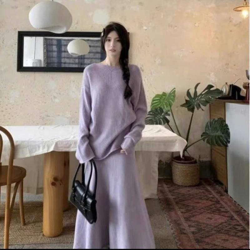 Set chân váy + áo len phong cách tiểu thư Hàn Quốc thoải mái dành cho mẹ bầu Váy Bầu Đầm Bầu 4 màu đen tím xám Voi Kem Dài Tay