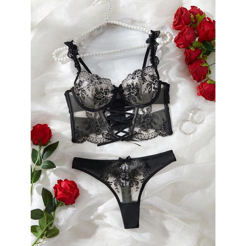 2pcs/Set Women Mesh Contrast Minimalist Sexy See-Through Embroidery Outfit 2