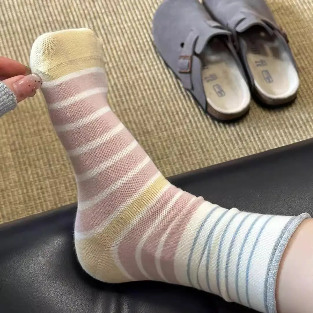 Striped Socks Women Mid-Calf Socks Summer Thin Style Ins Trend Korean Style Spring Summer Rolled Edge Seamless Socks 2025 New Long Socks