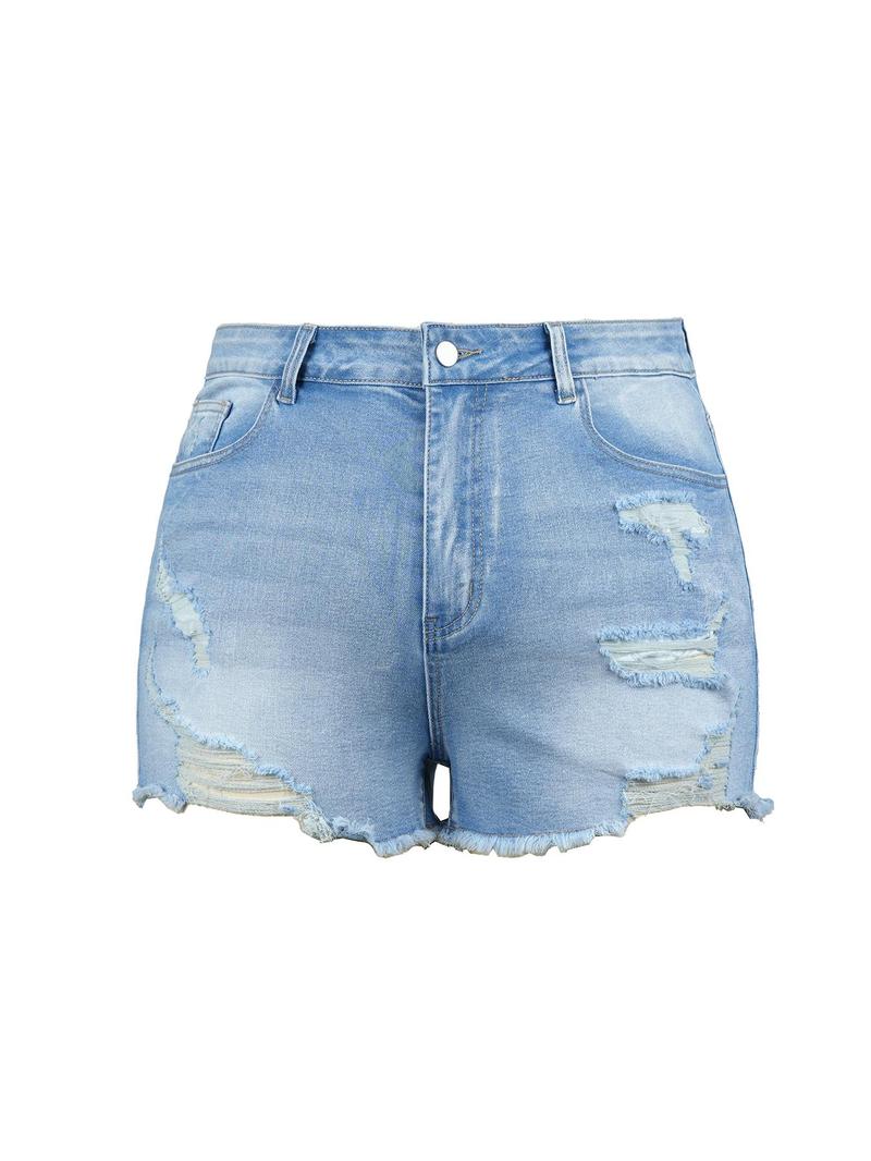 Product Introduction of 【Plus Size】 Solid Color Raw Hem Denim Shorts, Casual Fashion Ripped Shorts for Daily Outdoor Wear, Women Clothing for Summer 4