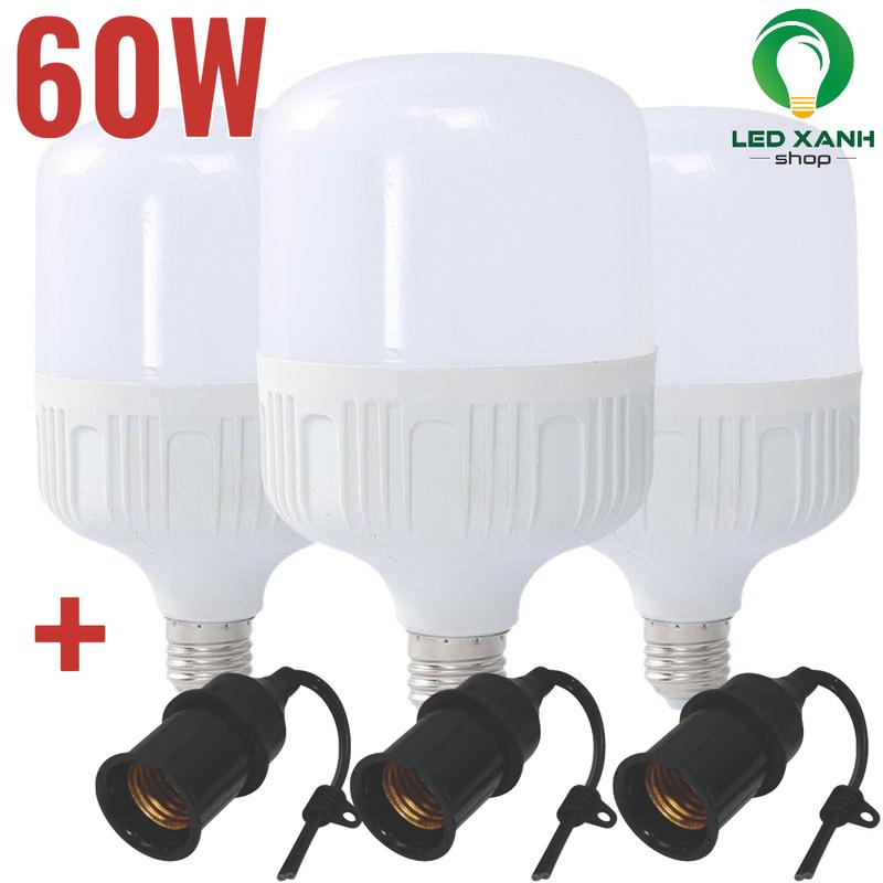 Combo 3 Bóng đèn led 60W + 3 Đuôi đèn E27 treo kín nước,tiết kiệm điện năng, bảo hành 12 tháng-LED XANH SHOP