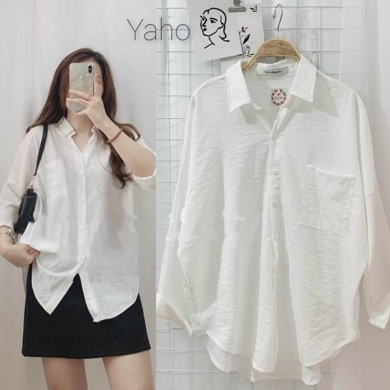 Áo sơ mi trắng có túi chất vải đũi tơ form rộng dài tay cổ V Áo sơ mi nữ dài tay cổ bẻ chất đũi lụa mềm thiết kế đuôi tôm cá tính phong cách Hàn Top Voi Women Voan