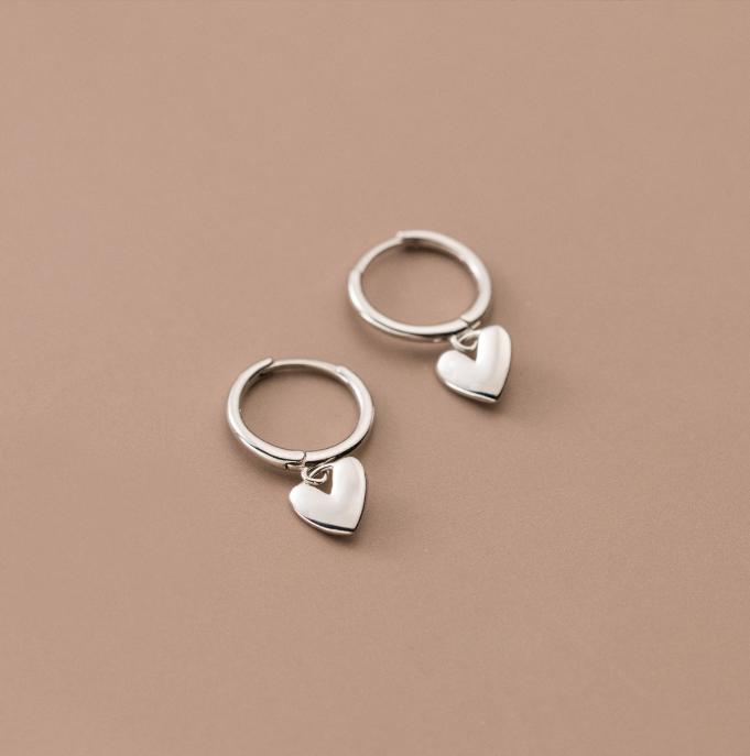 Bông tai tròn tim rơi, khoen tai bac nữ đính tim treo