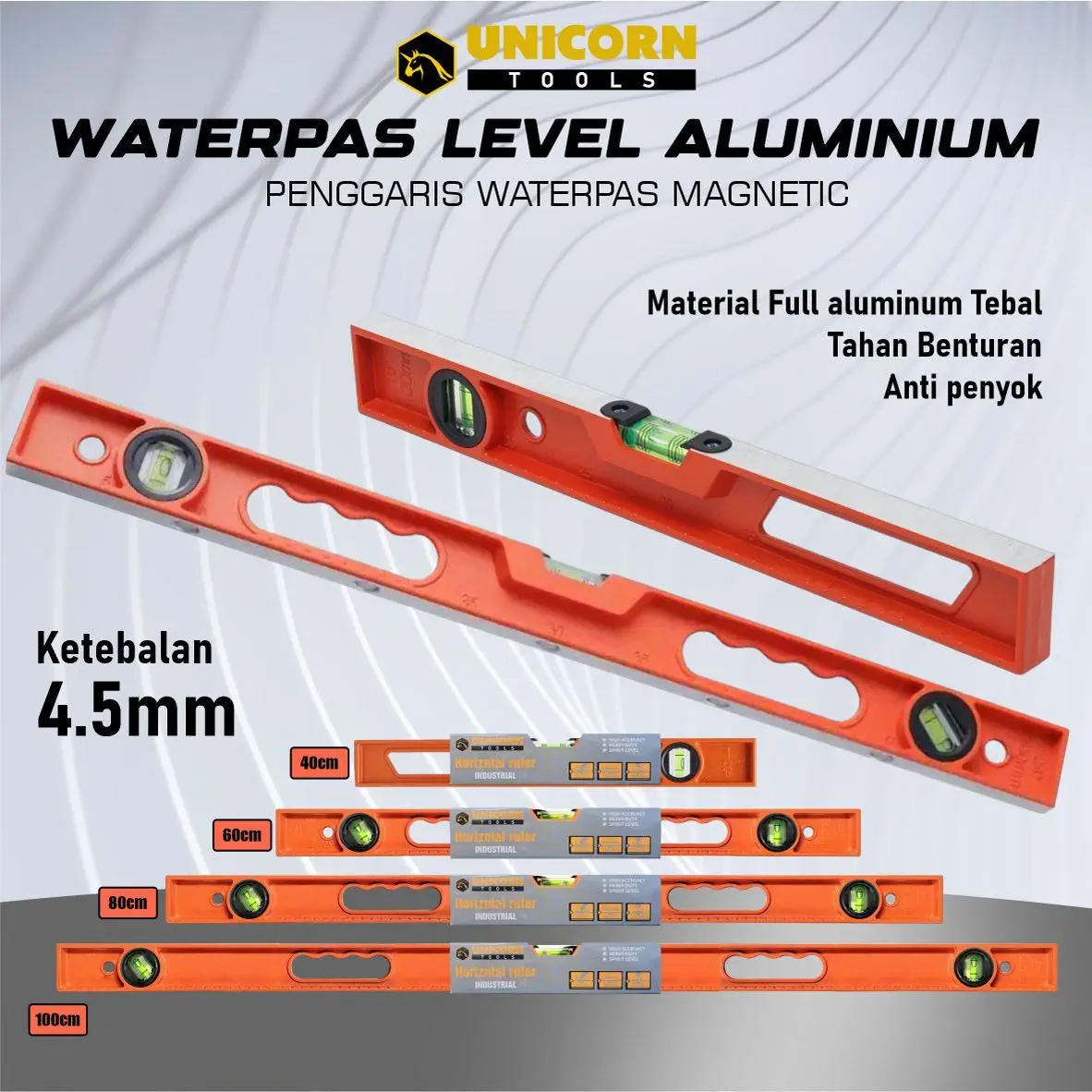 Waterpass Magnet Aluminium Tebal Padat Kelas Industri 40cm 60cm 80cm 100cm 1m UNICORN TOOLS