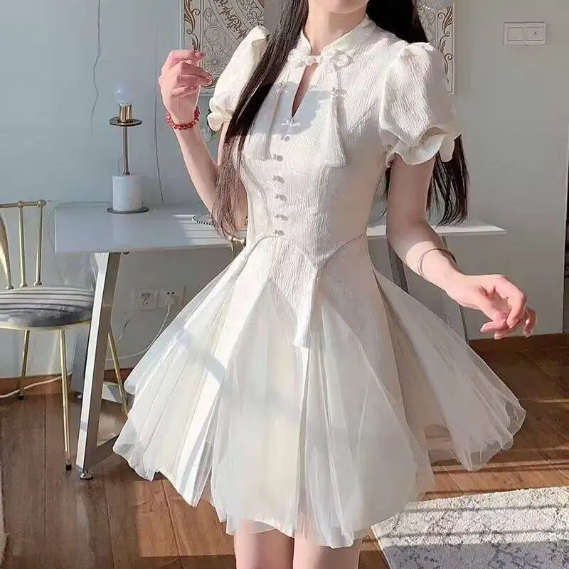 NV568 Váy tết 2024 sườn xám cách tân Váy nữ xinh dáng chữ a vải gấm hoa phối voan Women Dress Kem 1
