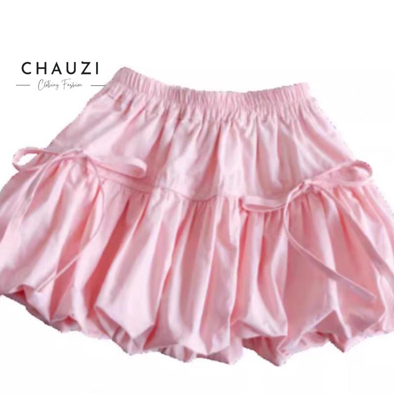  Chân váy ngắn đính nơ quả  Chauzi dáng phồng lưng chun chất thô mát mùa hè CV01 Nhung Nữ Women quần bí ngô bigsize quần  bí 