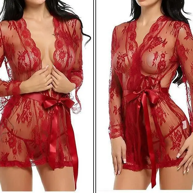 Trendy European and American Sexy See-through Hollow Out Multi-color Mesh Long Sleeve Lingerie Sleepwear