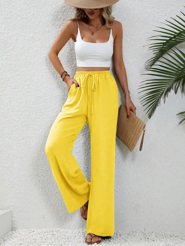 Women's Plain Pocket Tie Front Elastic Waist Straight Leg Pants, Casual High Waist Wide Leg Trousers for Daily Wear, Ladies Bottoms for All Seasons, Baggy Pants 6